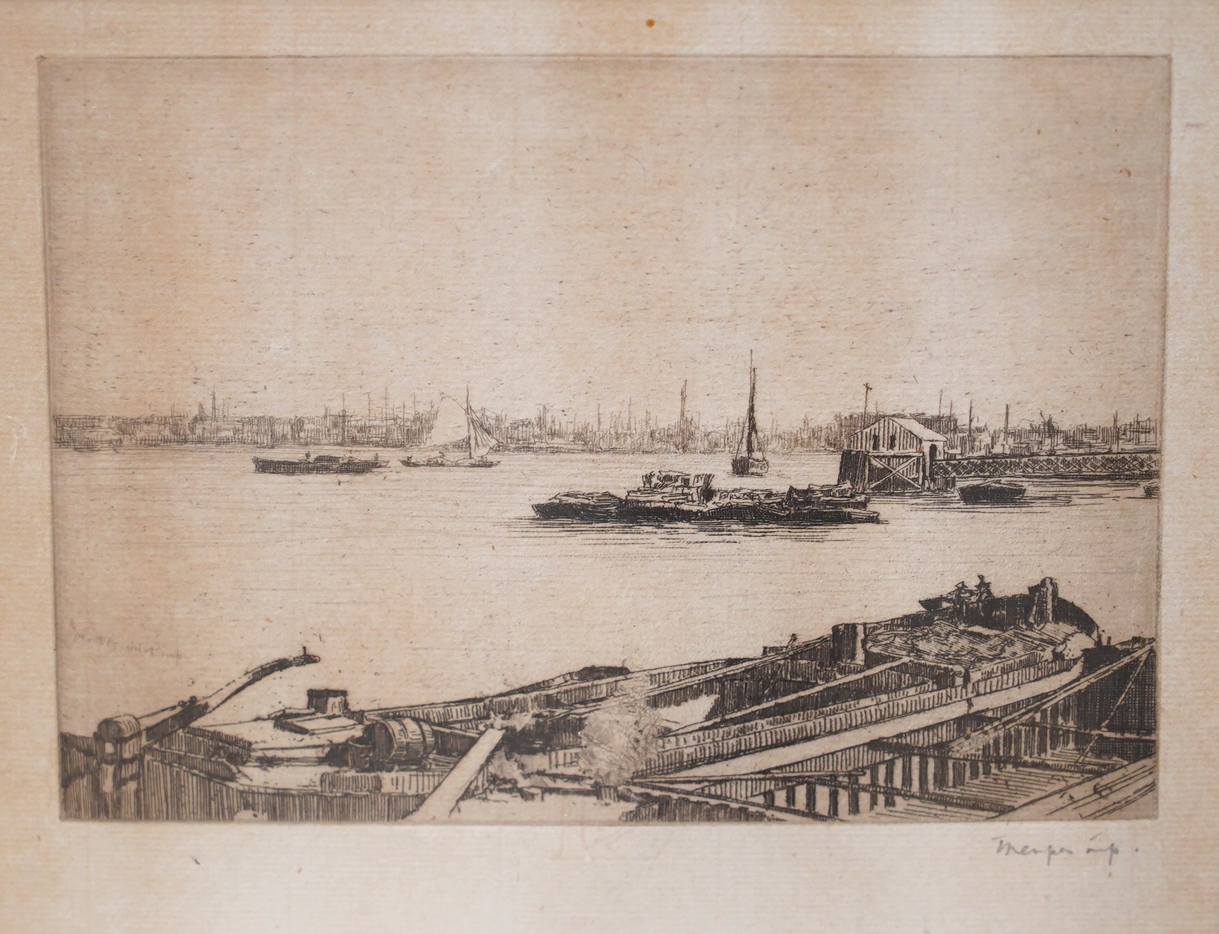 Mortimer Menpes NEA (1855-1938), etching, Thames riverscape, signed in pencil, details verso, 13 x 16.5cm. Condition - fair, paper browned